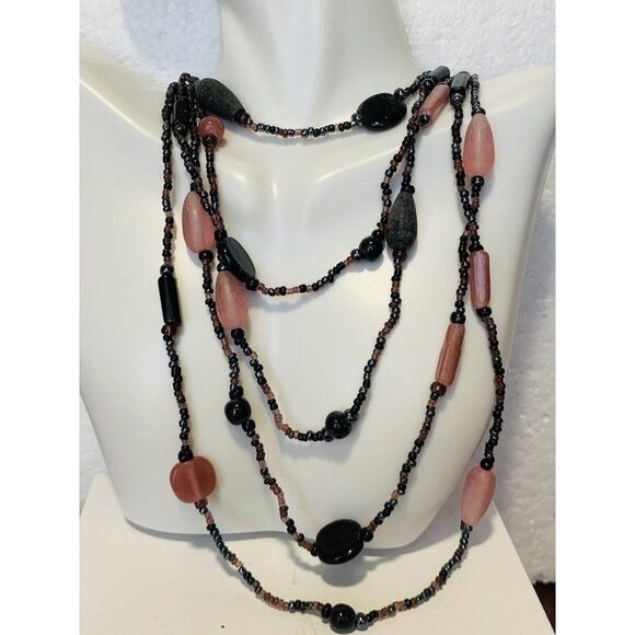 Vintage Pink Black multi 5 Tier Chic Beaded Silver Tone Layered Necklace 24” - Picture 2 of 10